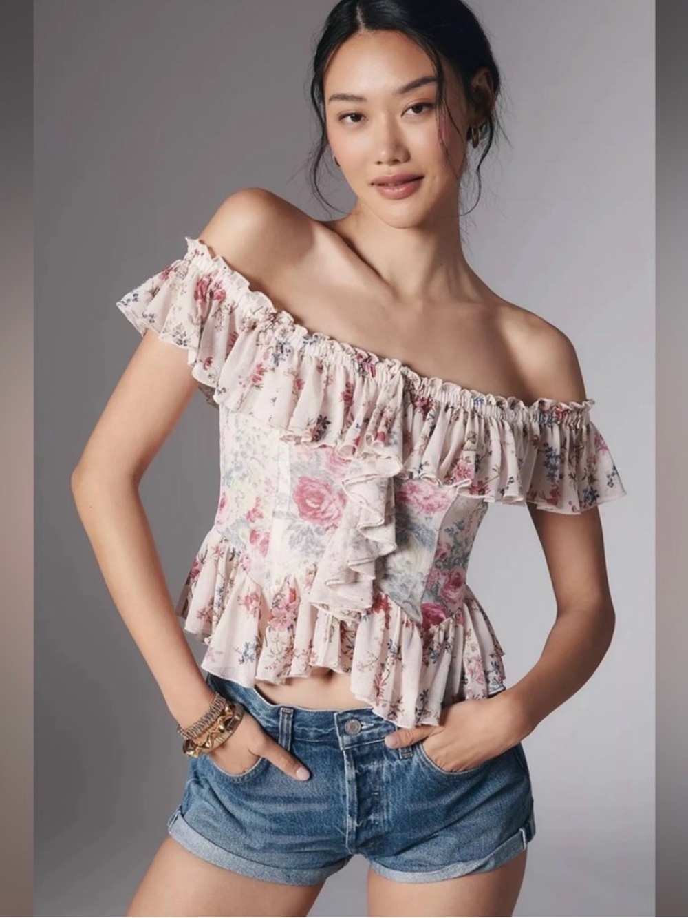 NWT Anthropologie Pink Ruffled Off-the-Shoulder Blouse Floral Ivory Combo XS